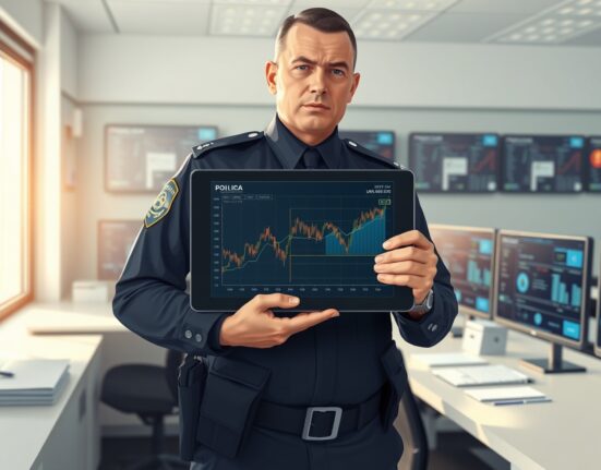 Ukrainian police officer analyzing cryptocurrency data during major cybercrime investigation and asset seizure operation.