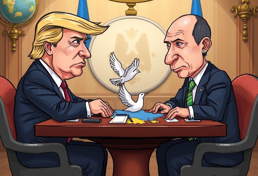 Cartoon illustration showing two leaders discussing a potential Ukraine ceasefire and the complexities of geopolitical negotiations.
