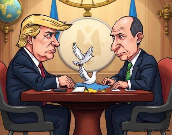 Cartoon illustration showing two leaders discussing a potential Ukraine ceasefire and the complexities of geopolitical negotiations.