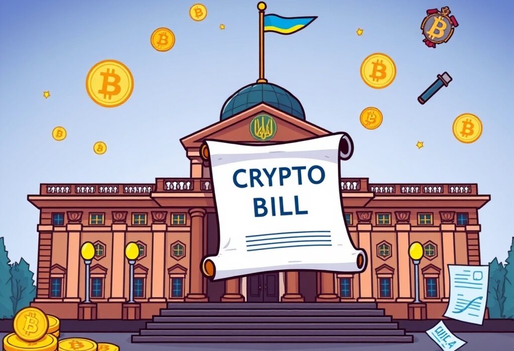 A cartoon illustration symbolizing the upcoming review of the Ukraine crypto bill, showing a legislative process impacting digital assets.
