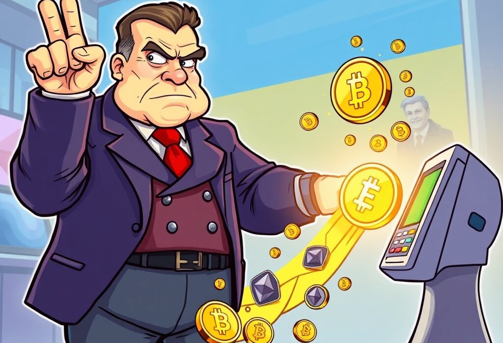 A cartoon illustration showing Ukraine's central bank supporting crypto legalization for assets while rejecting its use for payments.