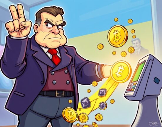 A cartoon illustration showing Ukraine's central bank supporting crypto legalization for assets while rejecting its use for payments.