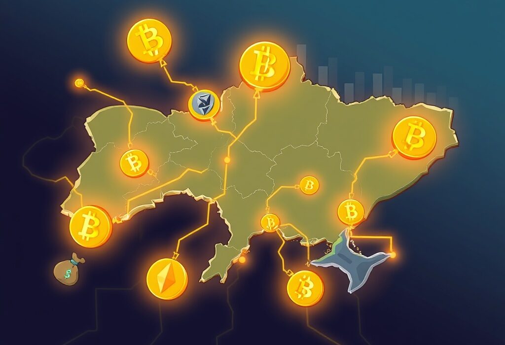 A cartoon illustration showing digital currency flowing into and out of Ukraine, representing the challenges of Ukraine crypto money laundering.