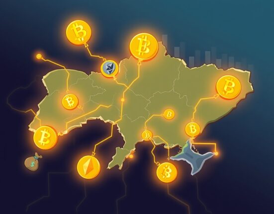 A cartoon illustration showing digital currency flowing into and out of Ukraine, representing the challenges of Ukraine crypto money laundering.