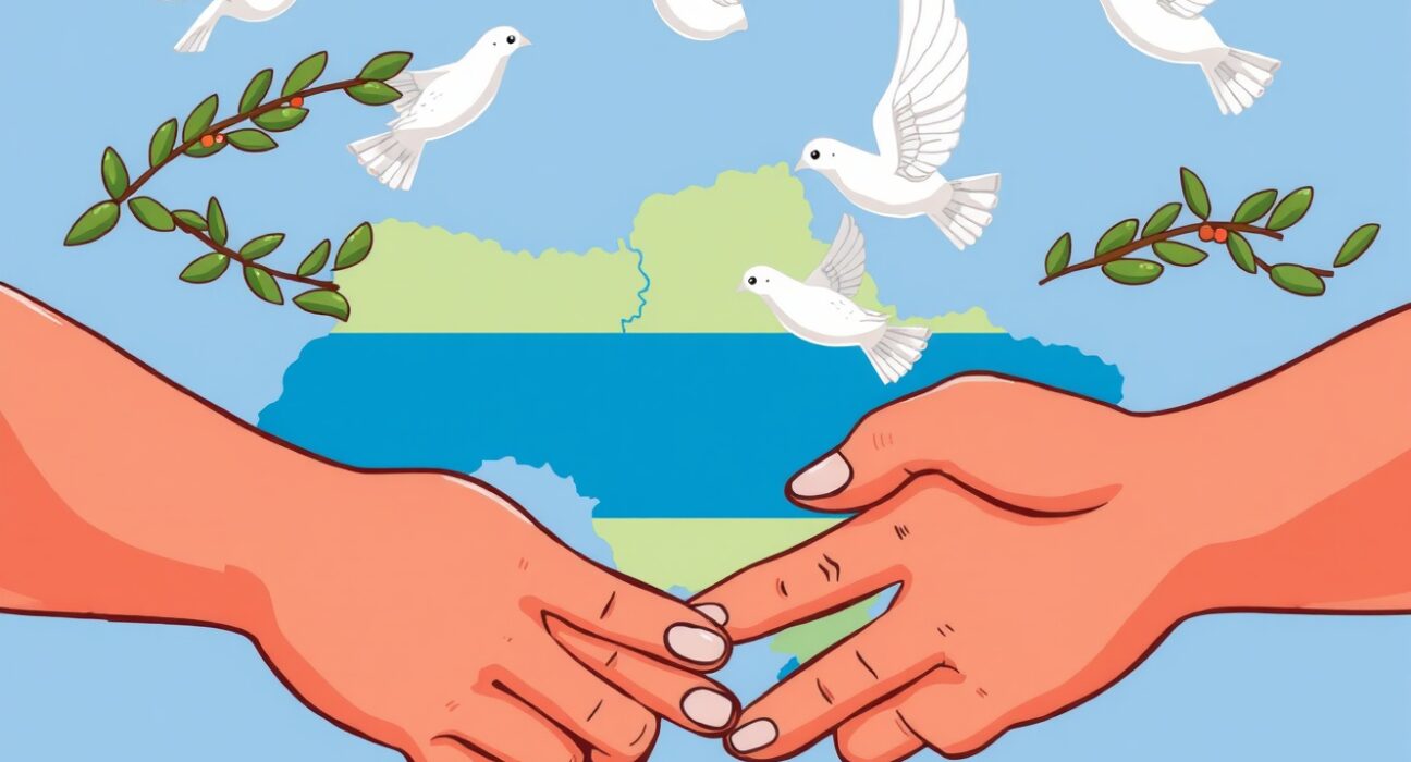 Ukraine peace deal symbolized by shaking hands over map with olive branches