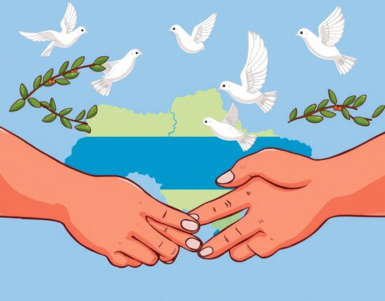 Ukraine peace deal symbolized by shaking hands over map with olive branches