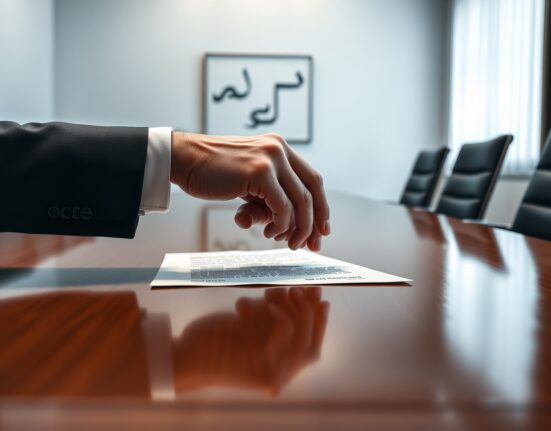 Symbolic representation of Ukraine and Russia peace negotiations over a draft agreement document.