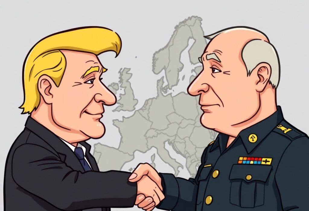 A cartoon illustration symbolizing ongoing Ukraine peace talks and diplomatic efforts to achieve peace.