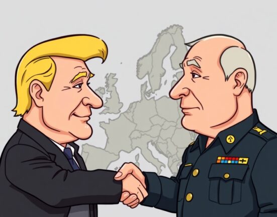 A cartoon illustration symbolizing ongoing Ukraine peace talks and diplomatic efforts to achieve peace.