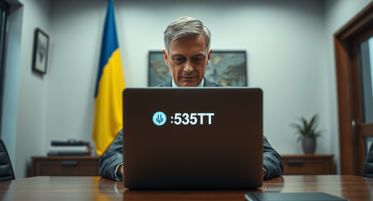 Ukrainian official managing a laptop displaying a Tether USDT wallet in a government office with a Ukrainian flag