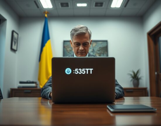 Ukrainian official managing a laptop displaying a Tether USDT wallet in a government office with a Ukrainian flag