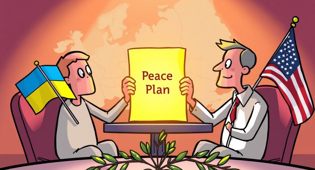 A hopeful cartoon of Ukrainian and US officials discussing a draft peace plan document at a table.