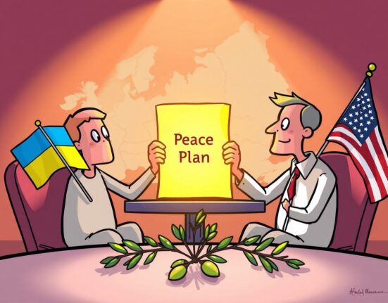 A hopeful cartoon of Ukrainian and US officials discussing a draft peace plan document at a table.