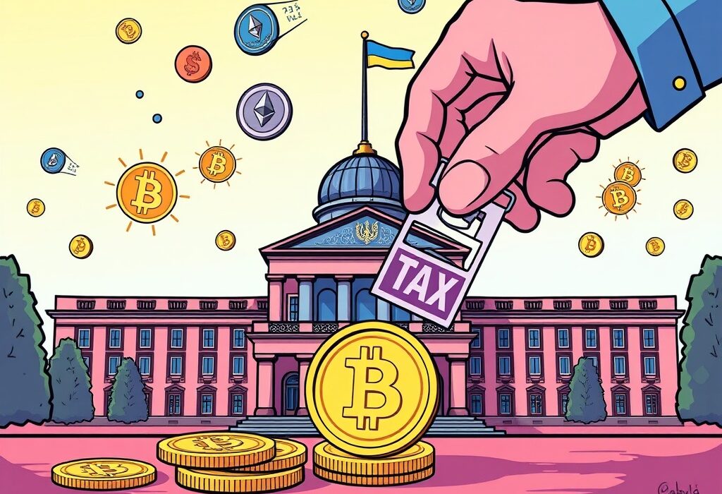 Cartoon showing official hands taxing digital assets near a Ukrainian parliament building, symbolizing the new Ukrainian crypto tax bill.