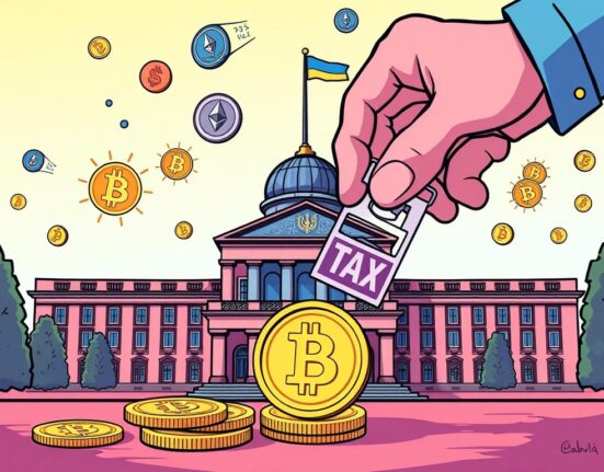 Cartoon showing official hands taxing digital assets near a Ukrainian parliament building, symbolizing the new Ukrainian crypto tax bill.