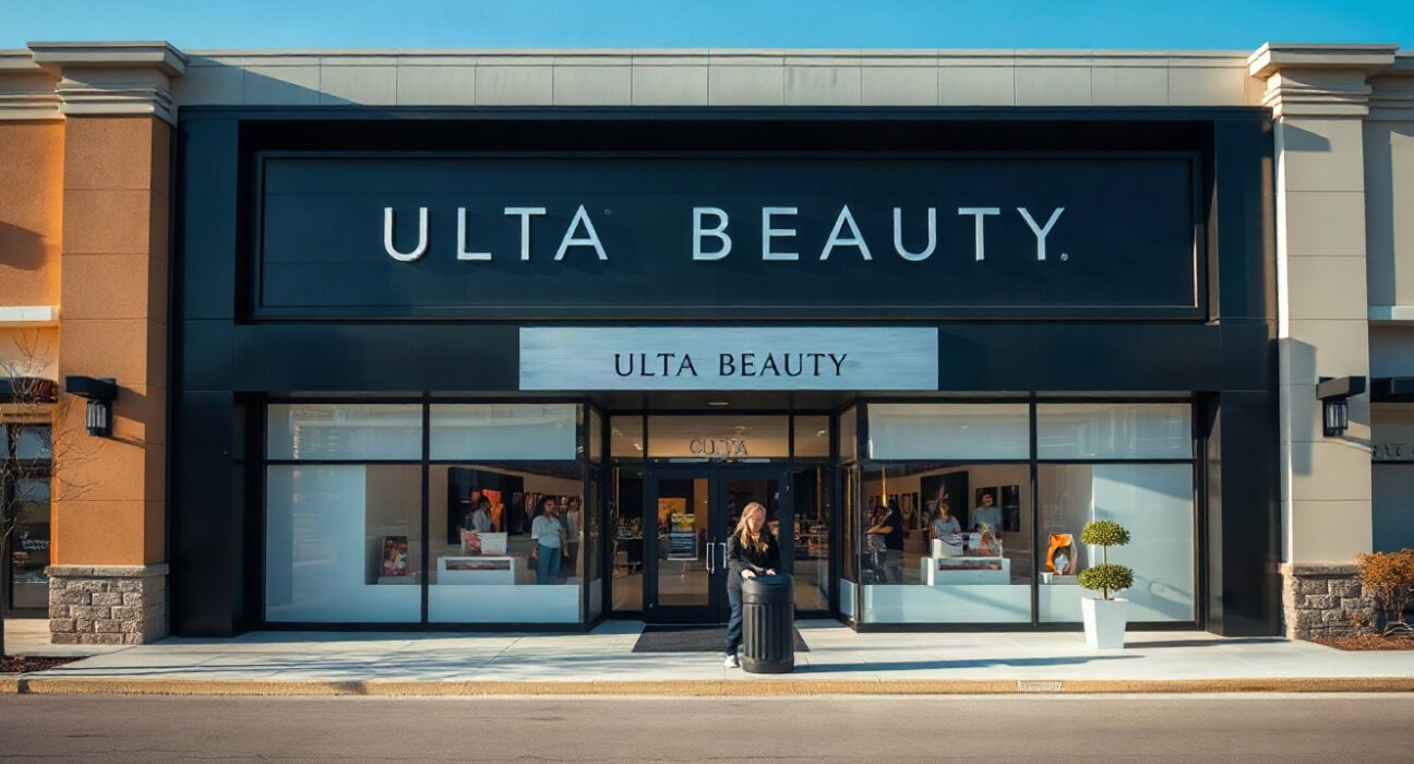 Exterior of a modern Ulta Beauty store in a shopping plaza on a sunny day.