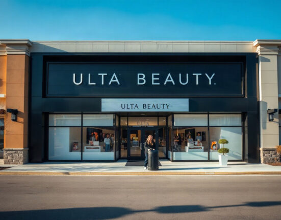 Exterior of a modern Ulta Beauty store in a shopping plaza on a sunny day.