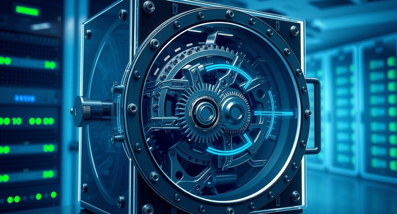 UMA protocol's Optimistic Oracle technology visualized as a secure digital vault for decentralized data verification.