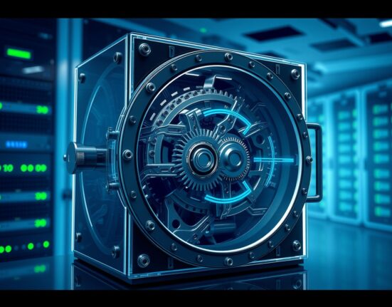 UMA protocol's Optimistic Oracle technology visualized as a secure digital vault for decentralized data verification.