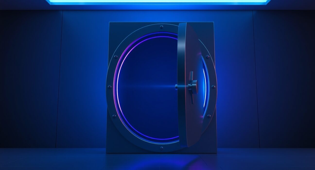 Digital vault door with blue and purple glow representing private token vesting on Solana