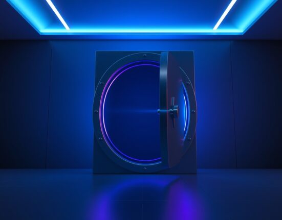 Digital vault door with blue and purple glow representing private token vesting on Solana