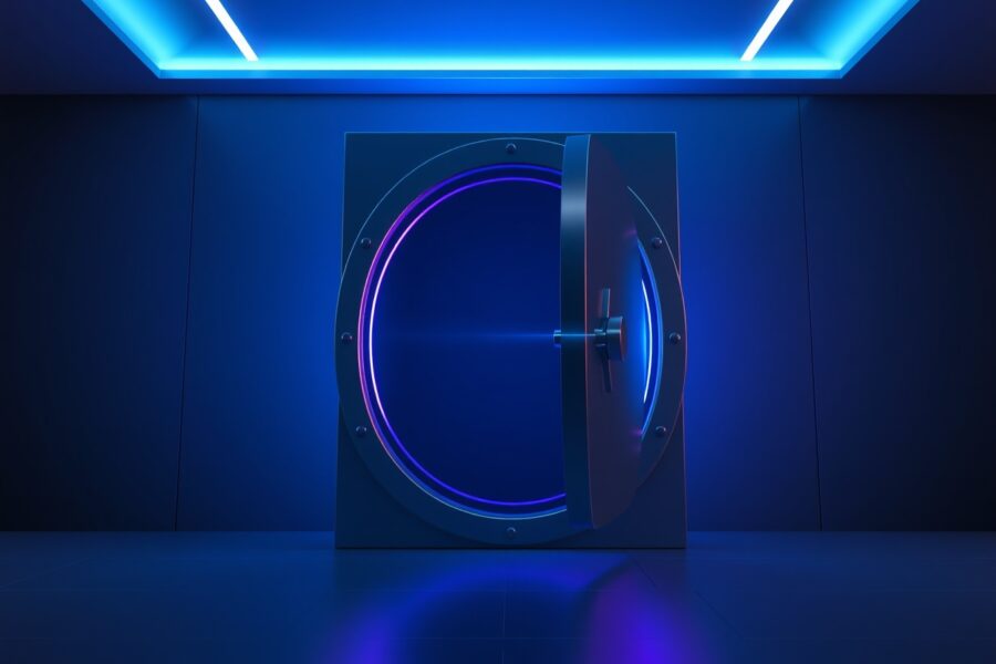 Digital vault door with blue and purple glow representing private token vesting on Solana