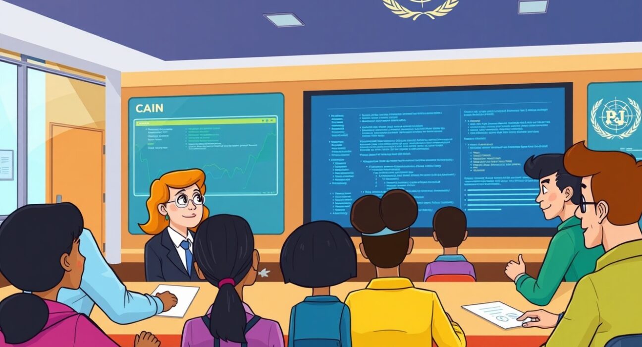 Students and officials collaborate at the UN's new blockchain academy, learning about digital ledger technology and AI for global development.