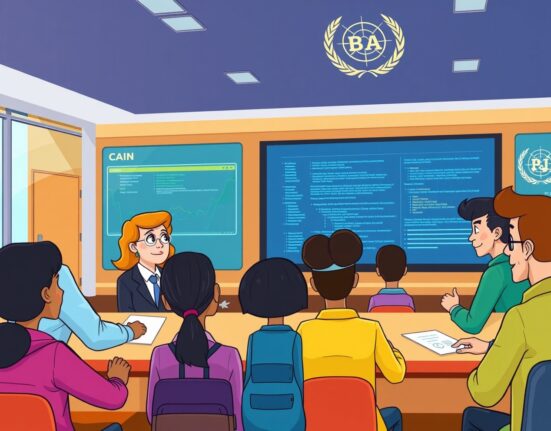 Students and officials collaborate at the UN's new blockchain academy, learning about digital ledger technology and AI for global development.