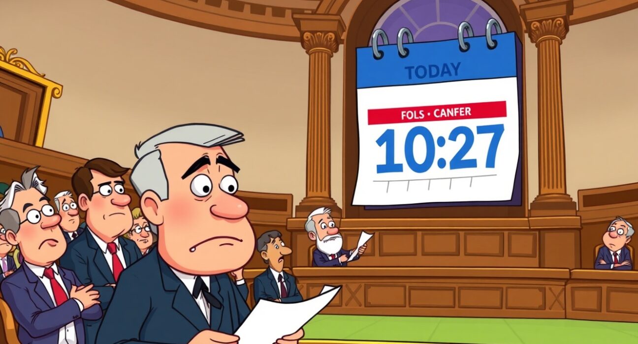 Uncertain stopgap budget vote depicted through animated senators in vibrant political chamber