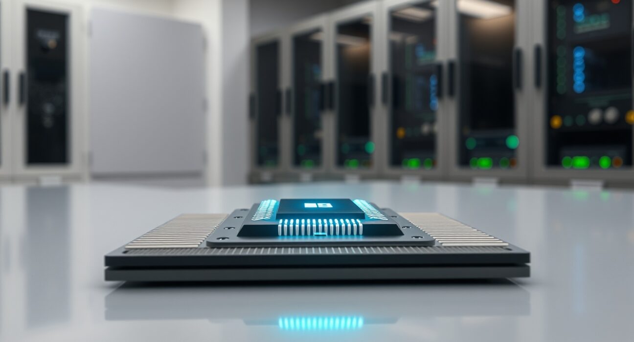 Close-up of a glowing oscillator-based microchip on a lab workbench representing energy-efficient AI computing.