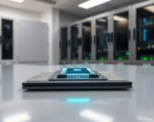 Close-up of a glowing oscillator-based microchip on a lab workbench representing energy-efficient AI computing.