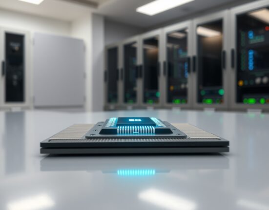 Close-up of a glowing oscillator-based microchip on a lab workbench representing energy-efficient AI computing.
