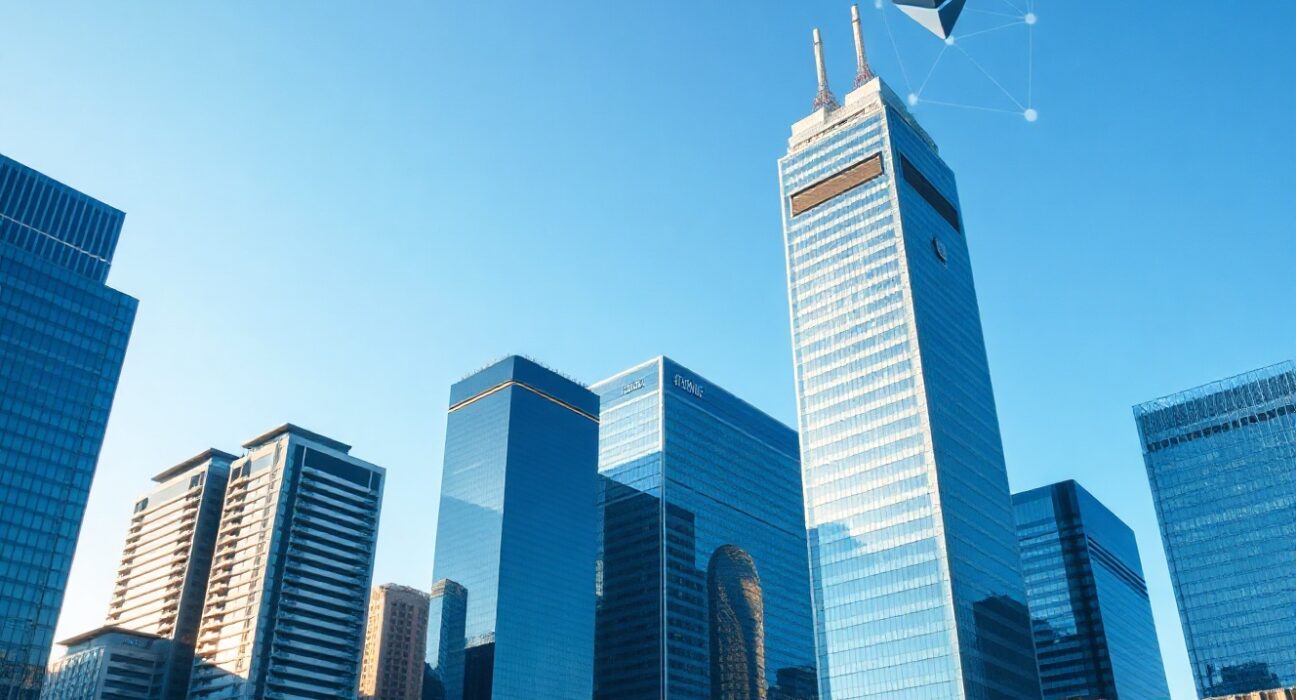 Seoul financial district with digital blockchain overlay symbolizing Ethereum adoption in South Korean finance
