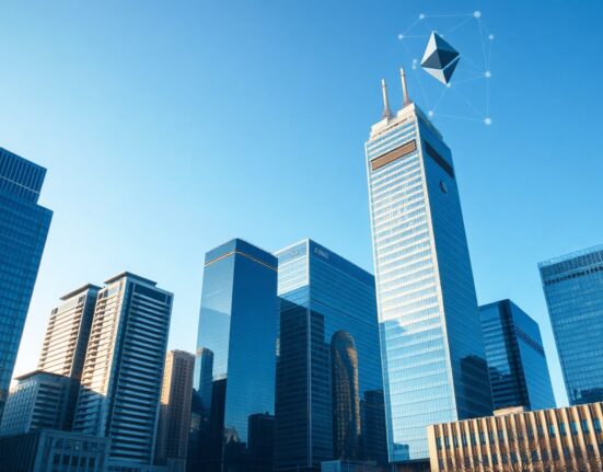 Seoul financial district with digital blockchain overlay symbolizing Ethereum adoption in South Korean finance
