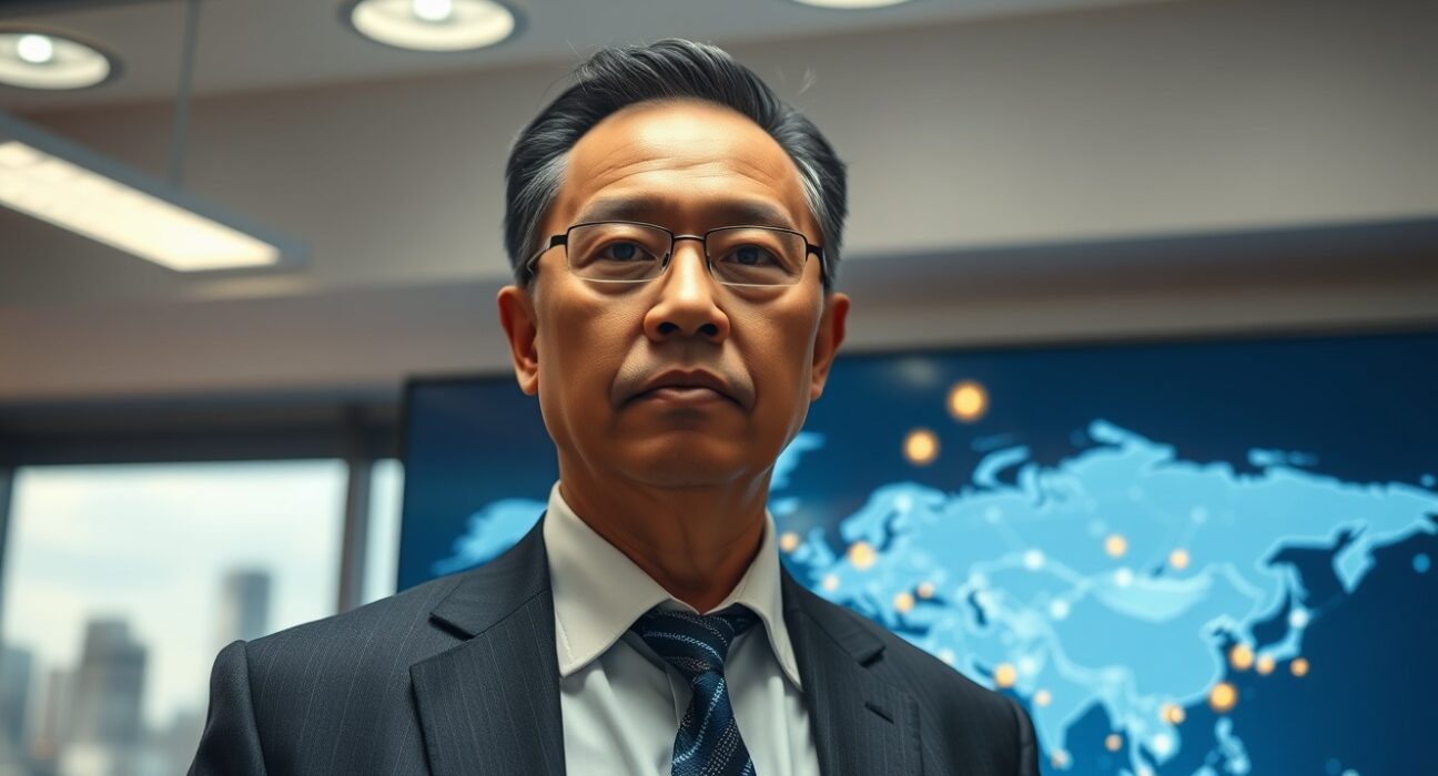 UNDP official near digital screen showing global blockchain transaction map