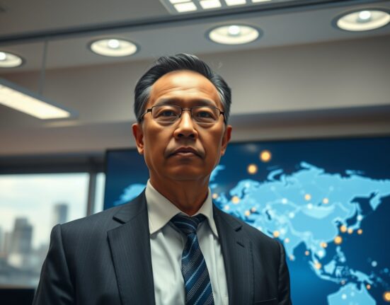 UNDP official near digital screen showing global blockchain transaction map