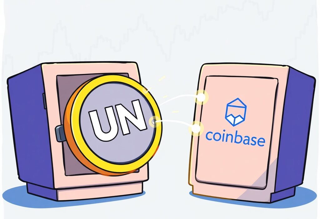 A cartoon image illustrating a significant UNI transfer of digital assets from a venture capital firm to a crypto exchange, highlighting financial movement.