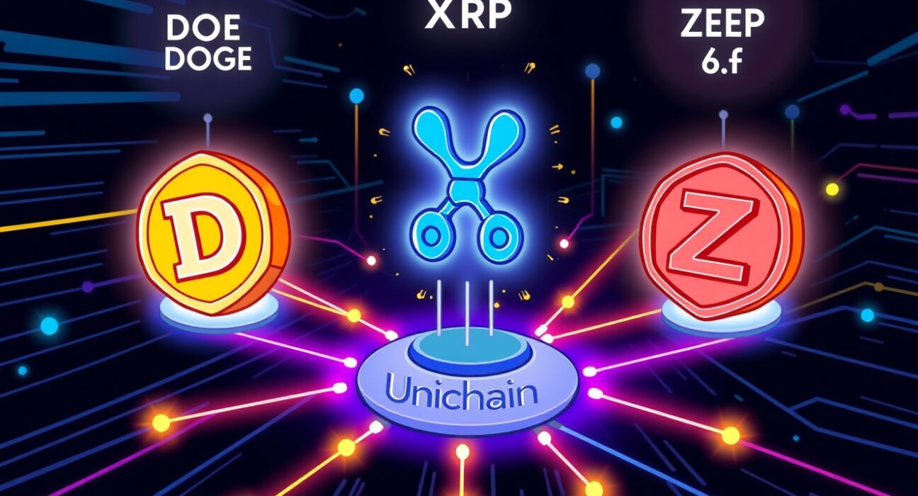 A vibrant cartoon illustration showing the seamless integration of DOGE, XRP, and ZEC into the Unichain Layer 2 network, highlighting Unichain crypto support.