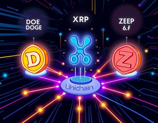 A vibrant cartoon illustration showing the seamless integration of DOGE, XRP, and ZEC into the Unichain Layer 2 network, highlighting Unichain crypto support.