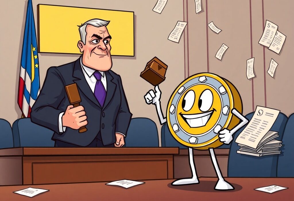 A cartoon image showing Unicoin challenging the SEC in court, symbolizing the Unicoin SEC lawsuit dismissal effort.