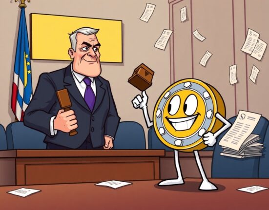 A cartoon image showing Unicoin challenging the SEC in court, symbolizing the Unicoin SEC lawsuit dismissal effort.