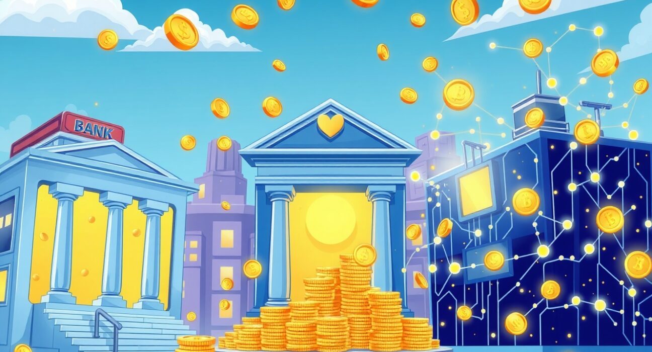 Cartoon illustration of 24/7 stablecoin swaps between digital and traditional finance systems