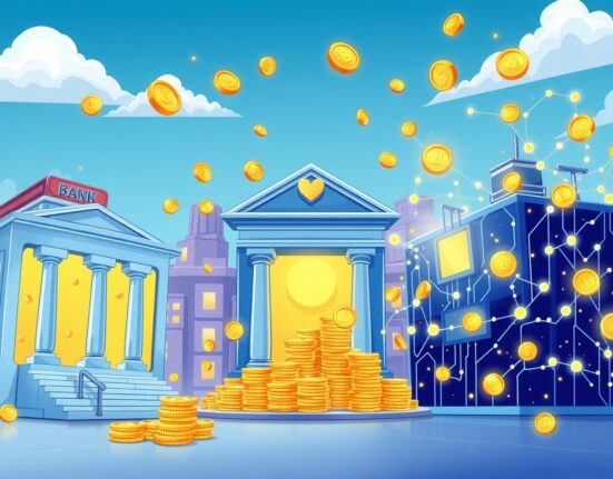 Cartoon illustration of 24/7 stablecoin swaps between digital and traditional finance systems