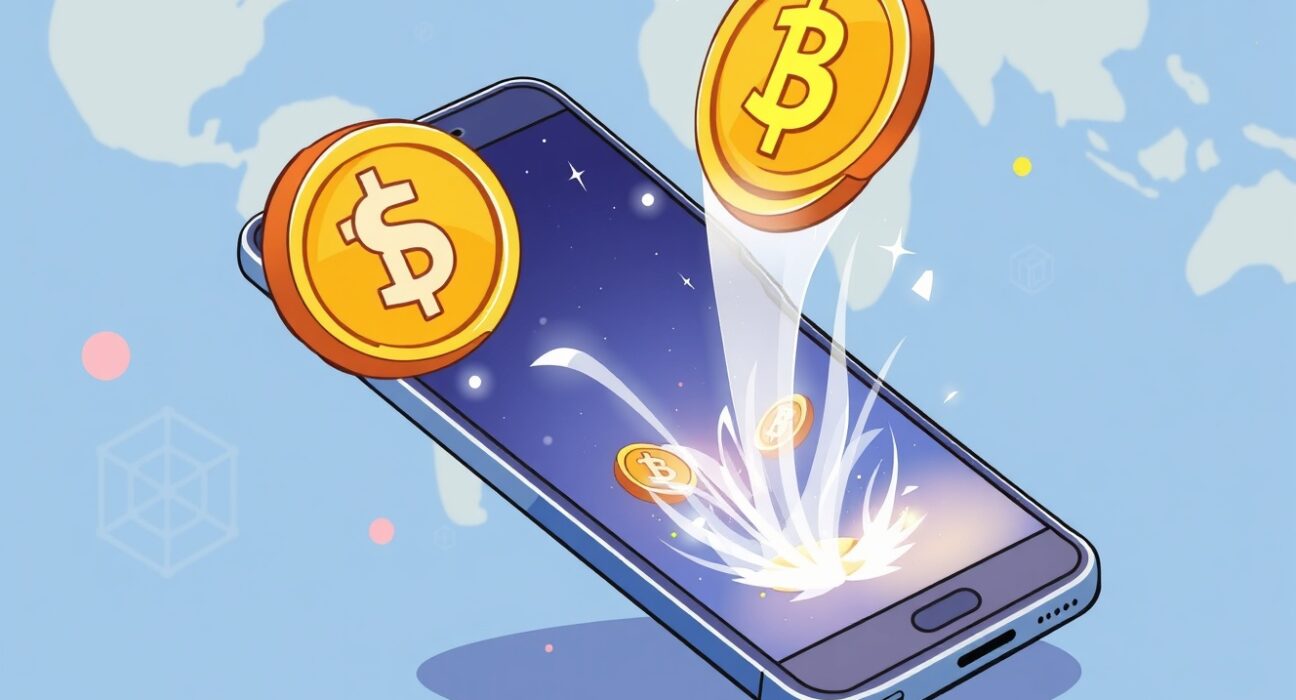 Cartoon illustration of a user effortlessly managing digital assets on the Unify Web3 stablecoin super-app, highlighting ease of conversion and rewards.