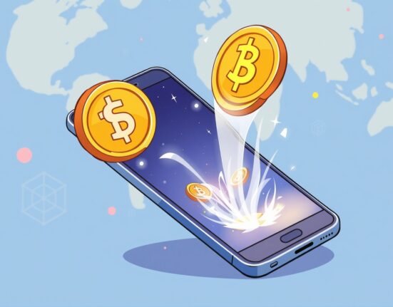 Cartoon illustration of a user effortlessly managing digital assets on the Unify Web3 stablecoin super-app, highlighting ease of conversion and rewards.