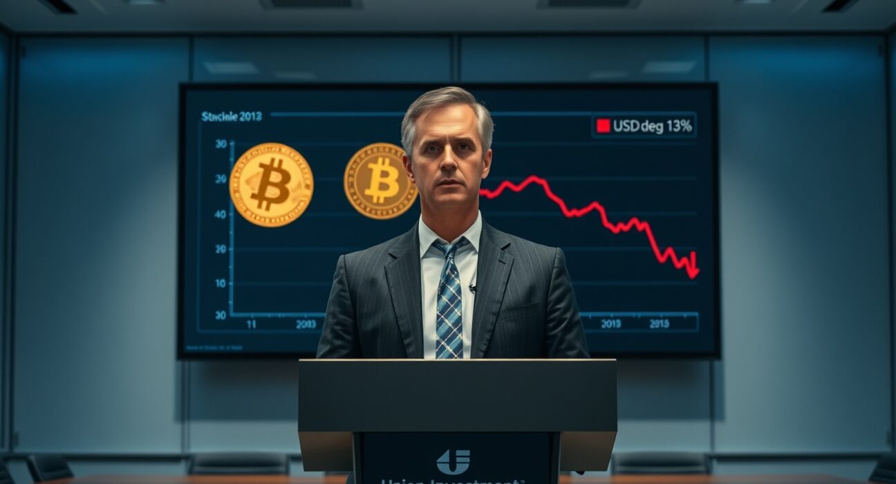 Union Investment executive speaking at podium with stablecoin reserve chart in background