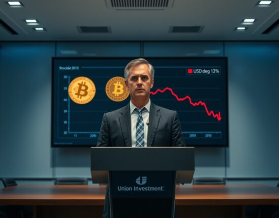 Union Investment executive speaking at podium with stablecoin reserve chart in background