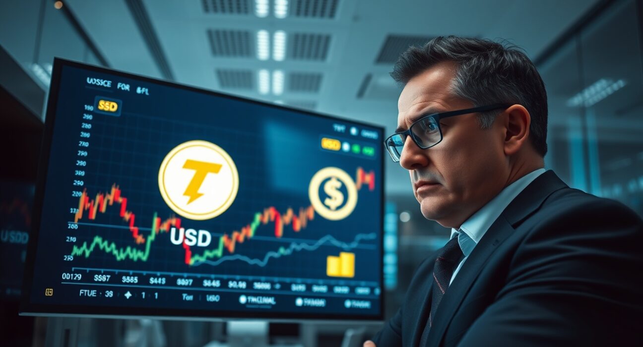 Financial analyst reviewing Tether and USDC stablecoin risks on a digital display in a modern office.