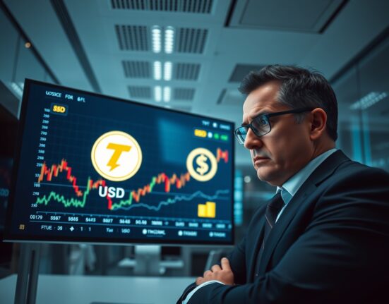 Financial analyst reviewing Tether and USDC stablecoin risks on a digital display in a modern office.