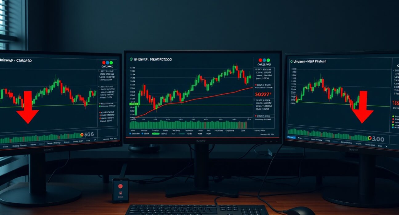 Cryptocurrency trading screens showing Uniswap uptrend and Cardano and NEAR resistance levels